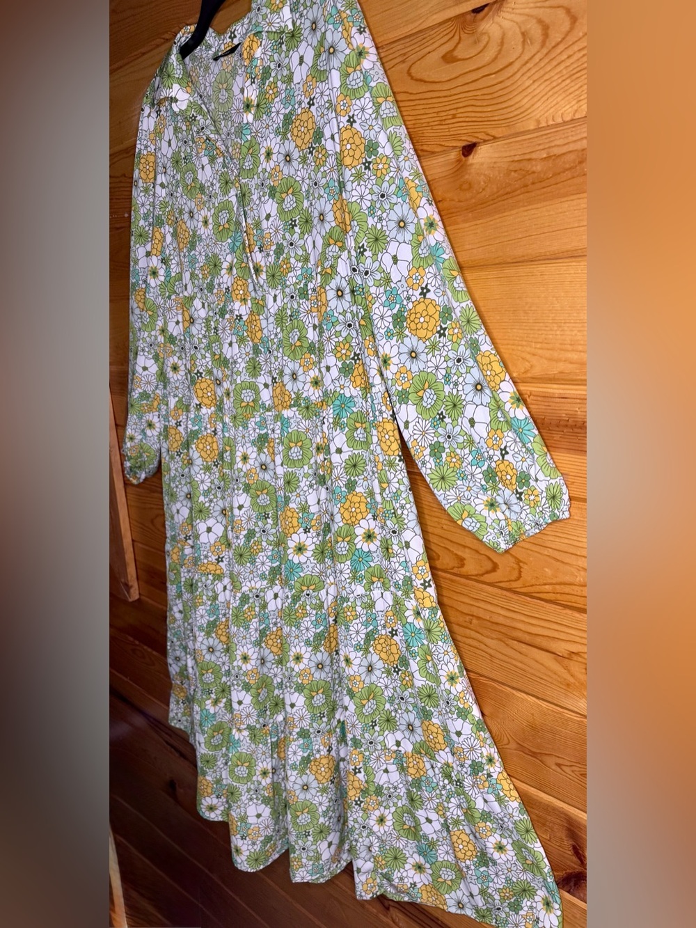 Retro Boho Floral Maxi Dress in Green, Yellow & White Flowers